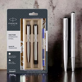 parker vector stainless steel ball pen + roller pen with steel trim