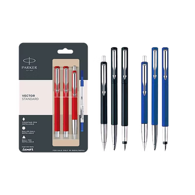 parker vector standard set: ball pen, roller pen, fountain pen with steel trim