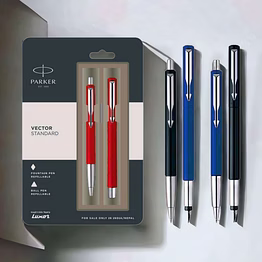 parker vector standard ball pen + fountain pen with steel trim set