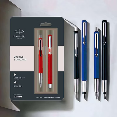 parker vector standard ball pen + fountain pen with steel trim set