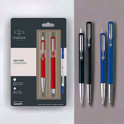 parker vector standard ball pen + roller ball pen with steel trim