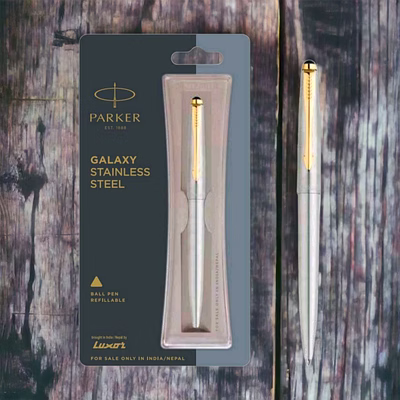 parker galaxy stainless steel ball pen with gold trim