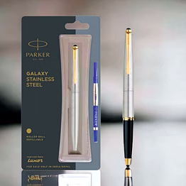 parker galaxy stainless steel roller ball pen with gold trim