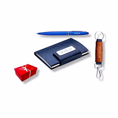red moments blue 3 in 1 combo set pr-399-b | premium metal pen, pu leather card holder, keychain