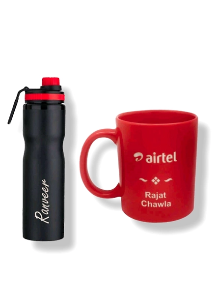 Black Steel Bottle + Red Embossed Mug Combo Set PR-403-A