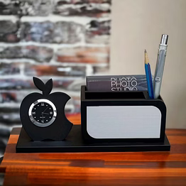 apple shape wooden desk organiser with analog clock wd01