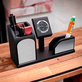 matt black desk organiser with steel trim clock wd04