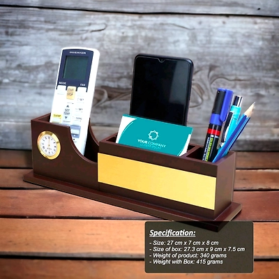 Brown Wooden Desk Organiser With Gold Trim Analog Clock WD05