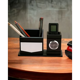 black with silver trim analog clock desk organiser wd07