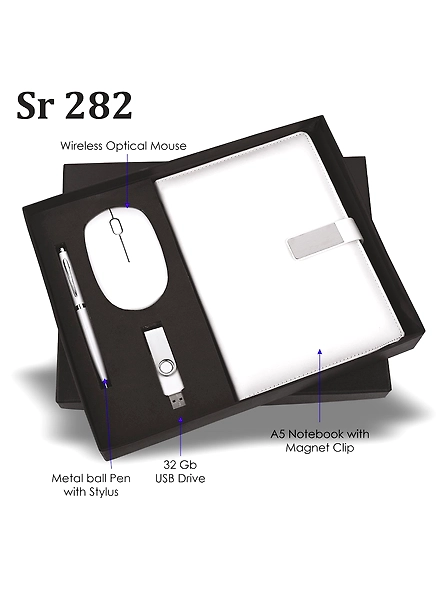 Elegant White 4-in-1 Gift Set: Wireless Mouse, 32GB USB Drive, Premium Pen, and Diary