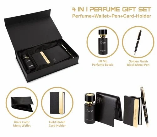 Men's 4-in-1 Combo Gift Set - Premium PU Leather Wallet, Perfume Bottle, Cardholder &amp; Ball Pen-JX-SR135