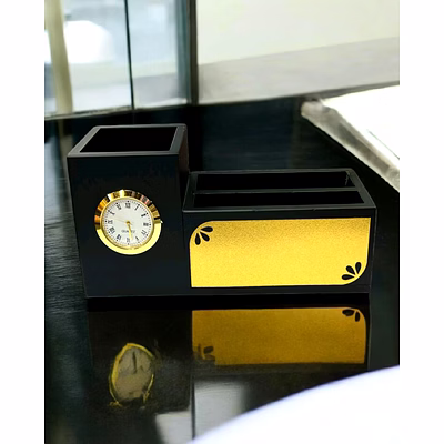 elegant matt black desk organizer with golden trim and analog clock