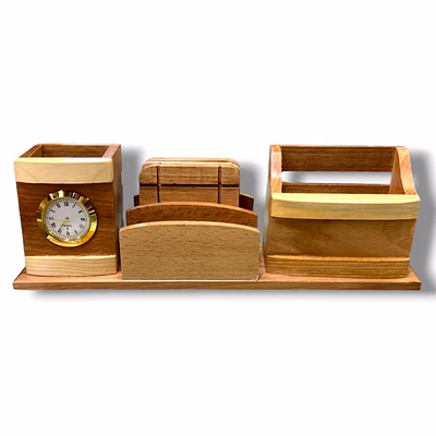 wooden desk organiser with analog watch, tea coaster & pen stand