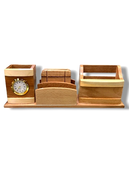Wooden Desk Organiser with Analog Watch, Tea Coaster & Pen Stand