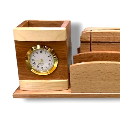 Wooden Desk Organiser with Analog Watch, Tea Coaster & Pen Stand