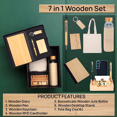 7-in-1 wooden combo - diary, pen, keychain, rfid cardholder, borosilicate jute bottle, deskstand & tote bag