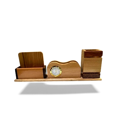 Wooden Desk Organizer with Pen Holder, Cardholder, and Analog Clock