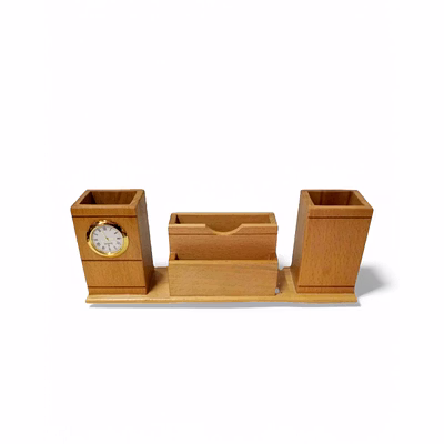 wooden desk organizer with analog clock, pen holder & cardholder
