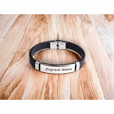 sleek black pvc strap men's bracelet with stainless steel trim