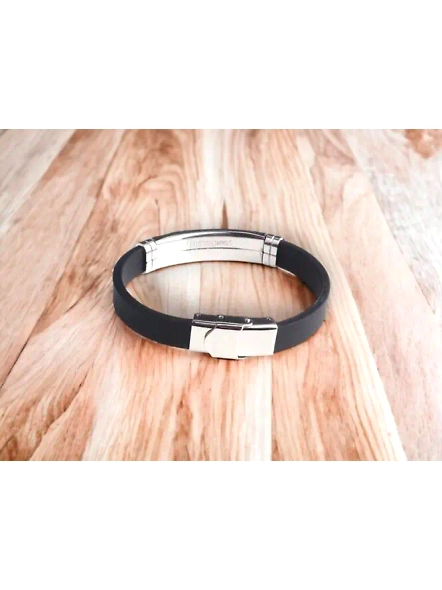 Sleek Black PVC Strap Men's Bracelet with Stainless Steel Trim