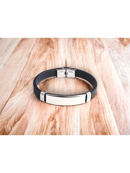 Sleek Black PVC Strap Men's Bracelet with Stainless Steel Trim
