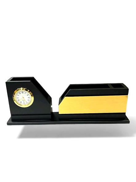 Premium Wooden Pen Stand with Clock &amp; Dual Holder