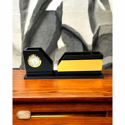 premium wooden pen stand with clock & dual holder