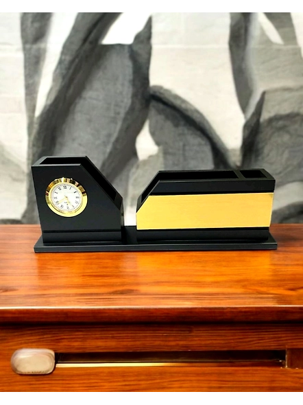 Premium Wooden Pen Stand with Clock & Dual Holder
