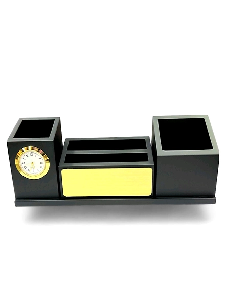 Elegant Wooden Desk Organizer with Clock &amp; Pen Holders