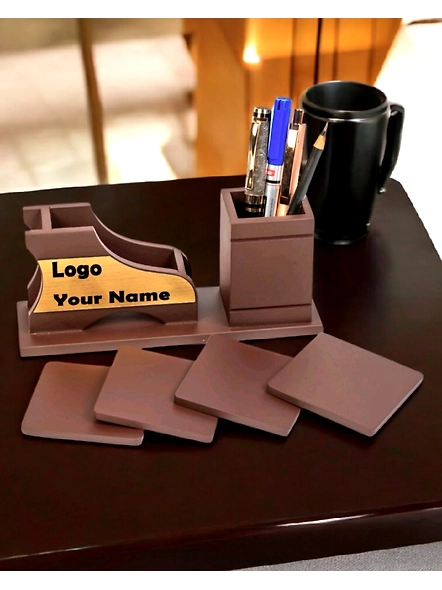 Desk Brown Gold Desk Organiser with 4 Tea Coasters
