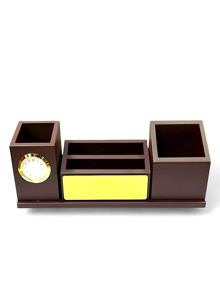 Elegant Brown 3 Part MDF Wooden Desk Organizer | Customizable with Analog Clock