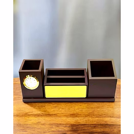 elegant brown 3 part mdf wooden desk organizer | customizable with analog clock