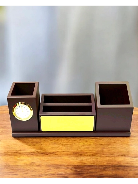 Elegant Brown 3 Part MDF Wooden Desk Organizer | Customizable with Analog Clock