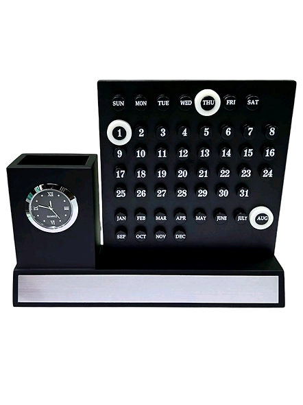 Perpetual Calendar Displays with Pen Holder and Analog Clock - Desk Decor &amp; Organizer