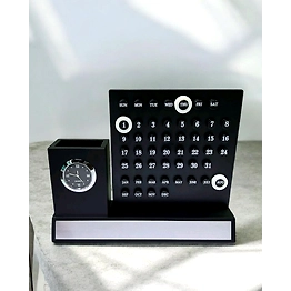Perpetual Calendar Displays with Pen Holder and Analog Clock - Desk Decor & Organizer