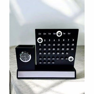 perpetual calendar displays with pen holder and analog clock - desk decor & organizer