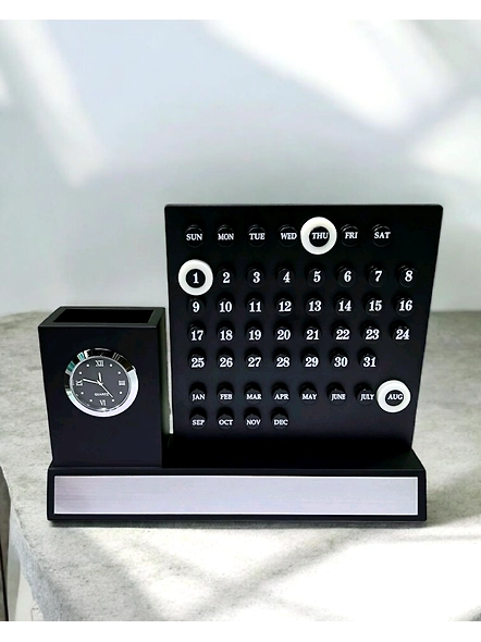 Perpetual Calendar Displays with Pen Holder and Analog Clock - Desk Decor & Organizer