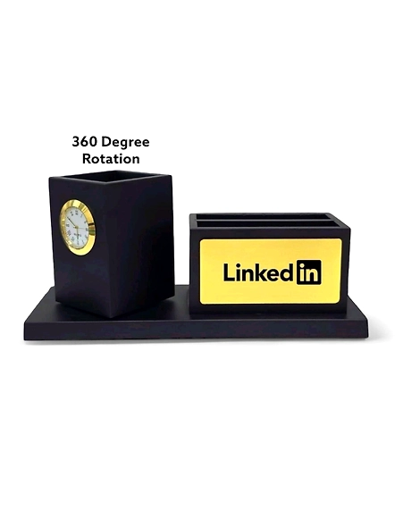 Sleek 360 Degree Rotating Black Desk Organizer with Analog Clock