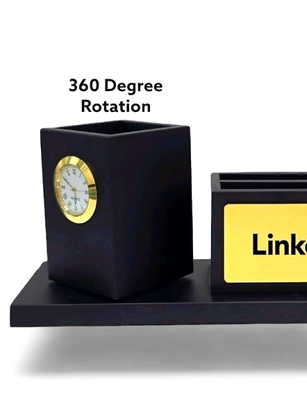 Sleek 360 Degree Rotating Black Desk Organizer with Analog Clock