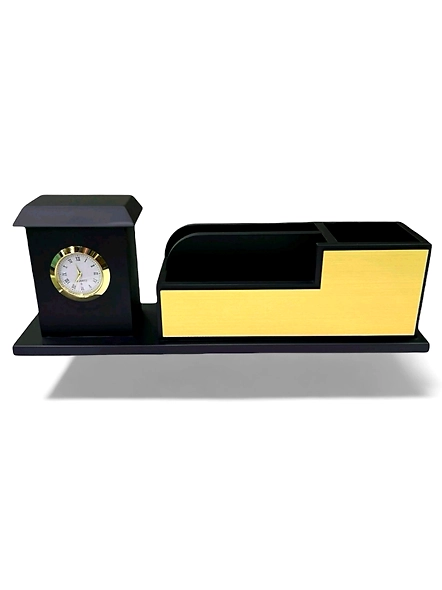Black Gold Desk Organiser with Analog Clock