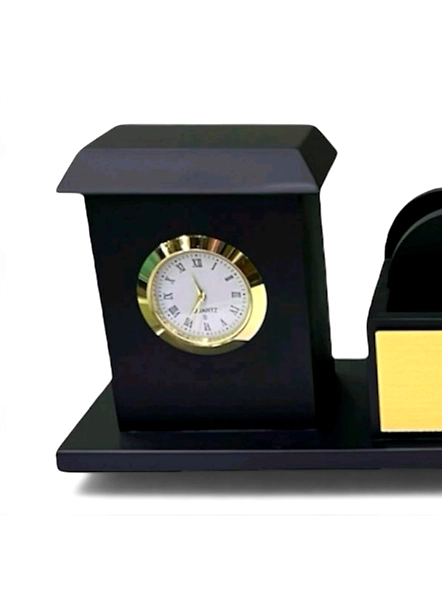 Black Gold Desk Organiser with Analog Clock
