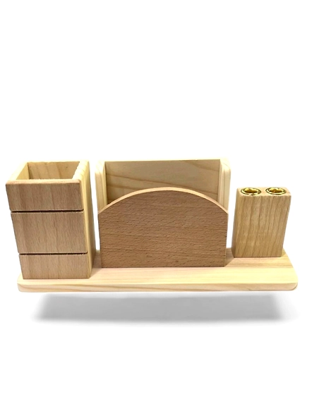 Premium Pine Wood Finish 3 in 1 Desk Organizer - Elegant Wooden Desktop Organizer