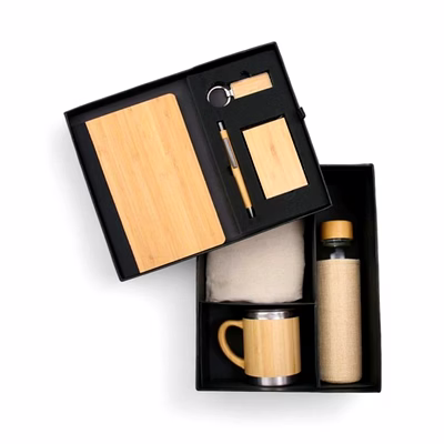 7-in-1 wooden combo - diary, pen, keychain, rfid cardholder, borosilicate jute bottle, mug & tote bag