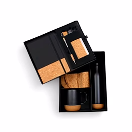 double decker 7-in-1 cork combo gift set with diary, pen, keychain, cardholder, pouch, mug, and bottle - unique gift idea