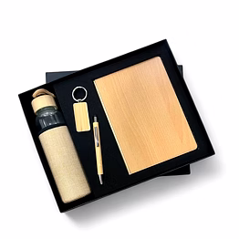 elegant 4-in-1 combo set - jute bottle, wooden diary, pen & keychain