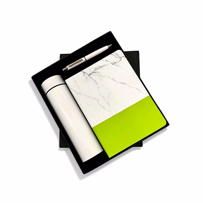3-in-1 dual tone marble finished combo set - temperature bottle, diary, and pen