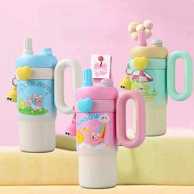 double drink cartoon thermos cup | stainless steel ice straw bottle