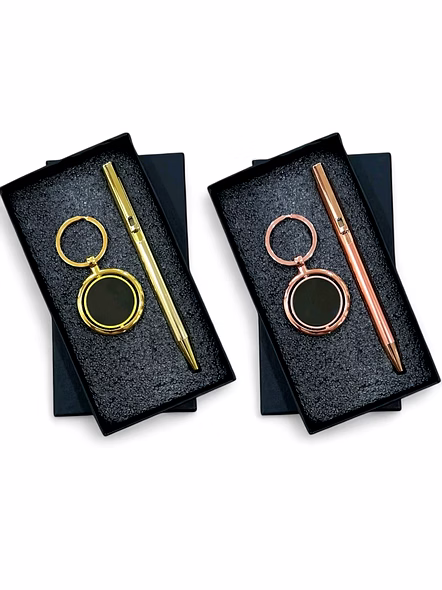 Classic Metallic Rotating Keychain with Metal Pen Combo Set-Rose Gold-1