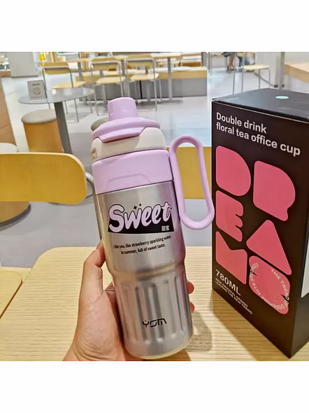 Cute Sweet Stainless Steel Double Wall Drinking Tumbler - 780ml Capacity-Pink-2