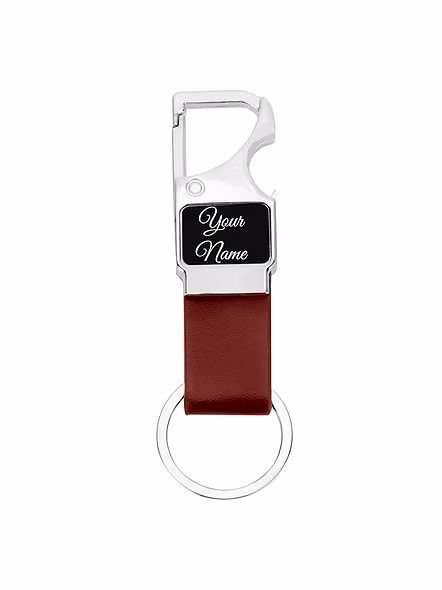 Personalized Steel Hook With Leather Belt Keychain | Customizable Key Holder-Brown-3